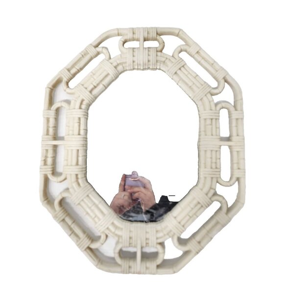 Vintage 80s Homco Off White Faux Bamboo Design Framed Wall Accent Mirror Cottage - Picture 1 of 8